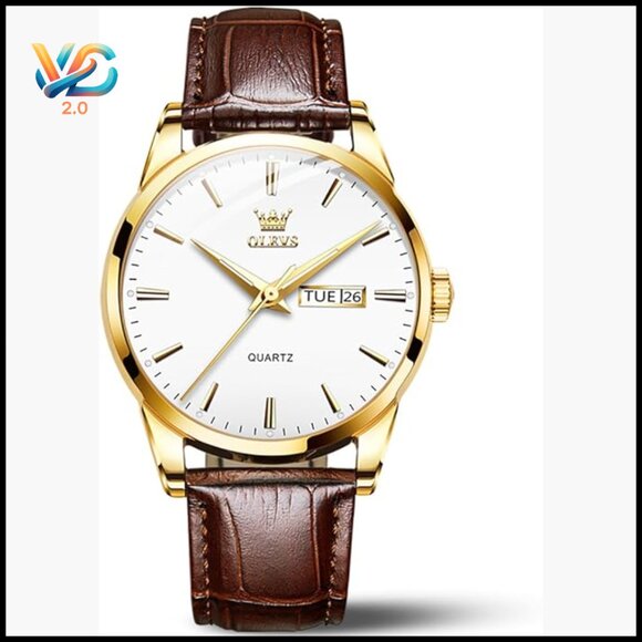 Men's Casual Leather Watch with Date Water Resistant Quartz Movement